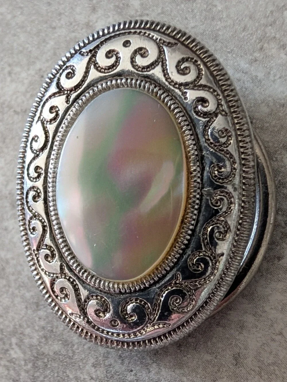 Vintage German Signed Iridescent Mother Of Pearl Silver Tone Small Scarf Clip